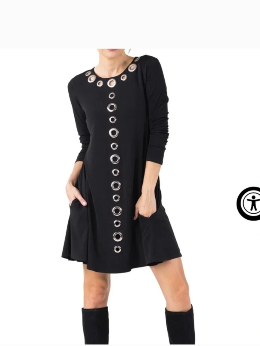 NWOT Eva Varro Black Long-Sleeve Grommet Detail Dress